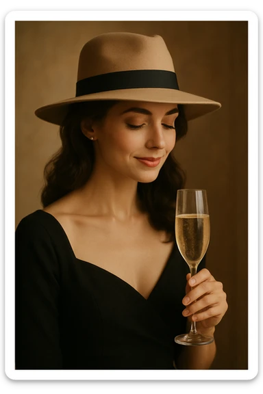 A woman with a hat holding a glass of champagne sticker