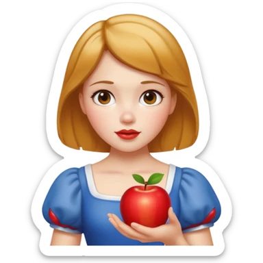 Create an emoji of Snow White holding a red apple, with short golden-brown hair. sticker