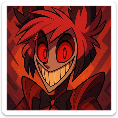Alastor from Hazbin Hotel, close-up portrait in unique cartoon style, emphasizing his signature smile and red eyes, no text sticker