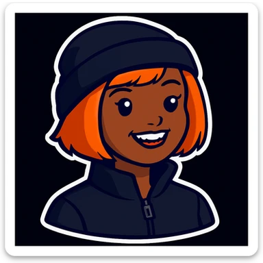 Make the sticker style image have a black beanie on her head and make her wear a black jacket sticker