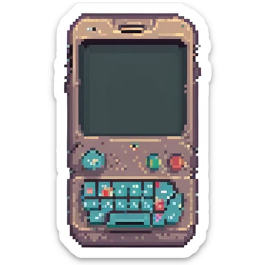 pixel art iPhone, slightly angled, showing screen and home button, retro pixel look sticker