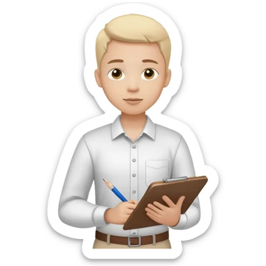 intern or volunteer holding a clipboard and pencil, ready to take notes or assist. The character wears a simple shirt and has an eager posture sticker