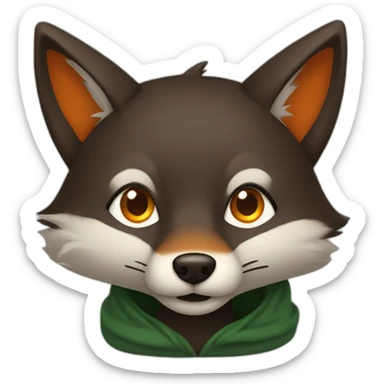 a small dark brown fox with orange eyes with a dark green hood that smile sticker
