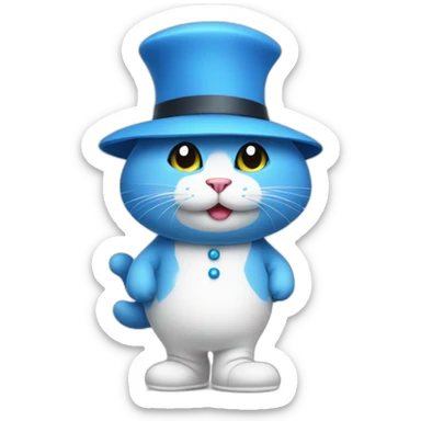 Blue cat wearing a white mushroom hat walking on his feet wearing white trousers sticker