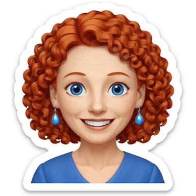 una profesora mayor simpática con el pelo rojo rizado, ojos azules, vestido azul y pendientes azules hablando altura completa sonriendo con los dientes sticker