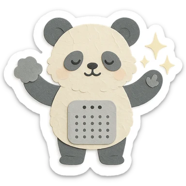 fluffy air purifier panda cleaning dust with sparkling paws, soft grey pastel, full-body sticker