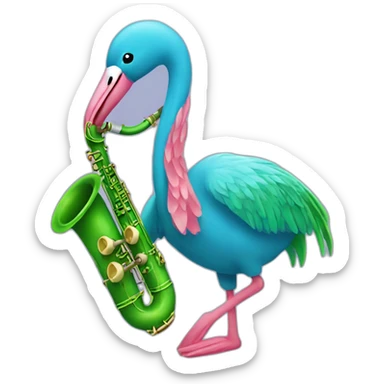 A blue flamingo playing with an green saxophone  sticker