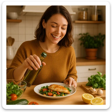 donna che usa olio d'oliva contenta nel suo piatto con petto di pollo sticker