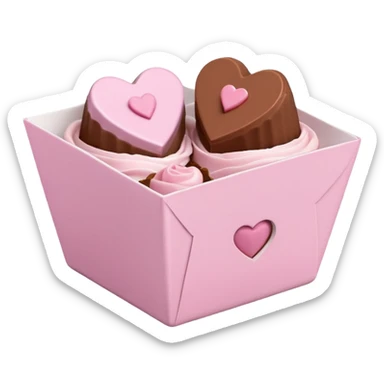 Two square milk chocolate , Each praline is a sharp-edged cube with smooth glossy chocolate coating, placed in a small white fluted paper candy cup. On top of each cube is a flat pastel pink heart-shaped icing sticker