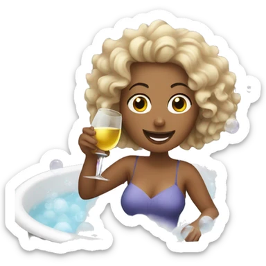 White Woman with curly hair drinking wine in a bubble bath sticker