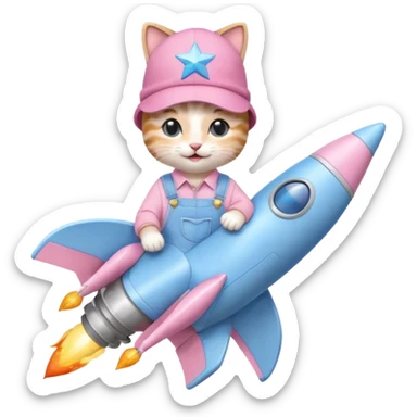 cute kitten wearing pastel blue denim overalls, pastel blue sneakers, pastel pink hat with a star in the center, sitting on a rocket, smiling sweetly, charming emoji style sticker