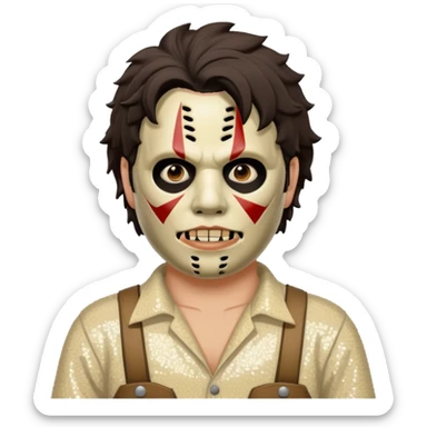 Leatherface with tan mask with dark brown hair, ivory sequin outfit  sticker
