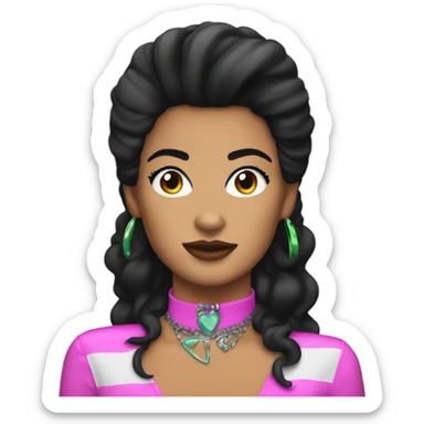 Tanned woman with black hair dressed in 1980s rock hair, makeup, and neon attire  sticker