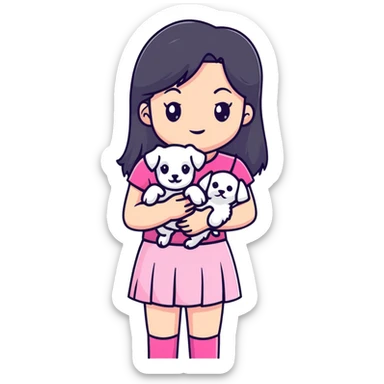 beautiful girl with long hair in pink top and skirt holding a small white Maltese puppy sticker