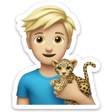 blonde boy holding stuffed leopard with blue yes sticker