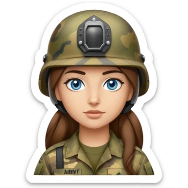army girl blue eyes long brown hair camo helmet sticker