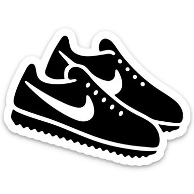 A pair of Nike Cortez sneakers in a black filled icon style, with a swoosh. sticker