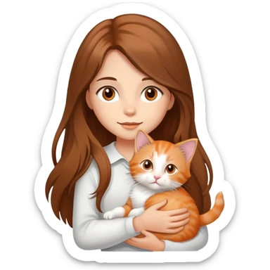 A long-haired girl with brown hair and brown eyes is holding a long-haired orange and white kitten in her arms. sticker