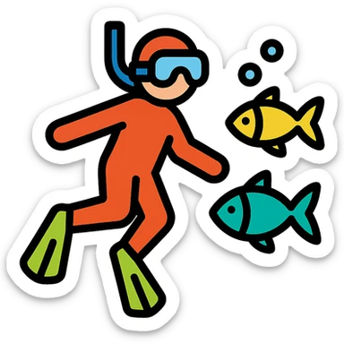 a diver swimming with fish, vibrant colors, modern flat icon style sticker