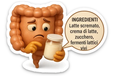 SU QUESTO STILE FAI UN EMOJI STILE IPHONE 3D DI UN INTESTINO CHE HA IN MANO UN BARATTOLO DI YOGURT CONFEZIONATO DA SUPERMERCATO E LEGGE L'ETICHETTA NUTRIZIONALE CON GLI INGREDIENTI IN ITALIANO, ACCANTO ALLO YOGURT CHE HA IN MANO C'è UN FOCUS SULL'ETICHETTA CON GLI INGREDIENTI SCRITTI, FAGLI UN ESPRESSIONE CONFUSA MENTRE LEGGE E FALLO MOLTO REALISTICO IN 3D sticker