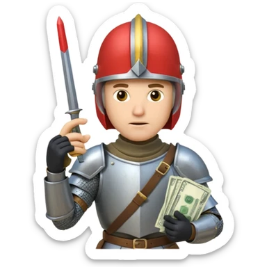 Knight with helmet holding phone and money sticker