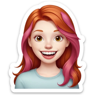 Young girl with pale skin, full pink lips smiling with big teeth, ginger red hair (very long), bigger nose, deep brown eyes (less green), big mouth sticker