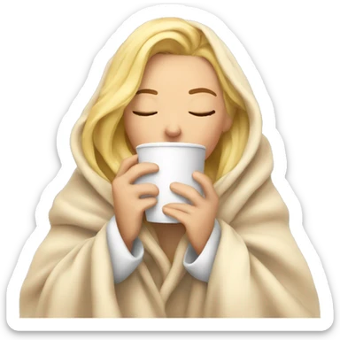 Blonde girl inside a blanket sipping coffee eyes closed sticker