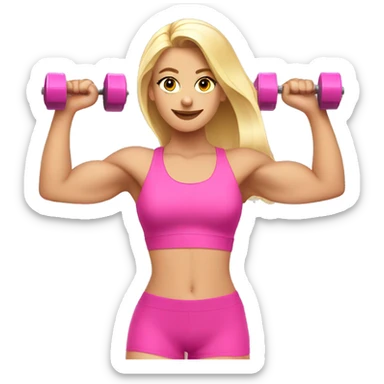 a blonde pretty girl in a pink workout set lifting pink weights sticker