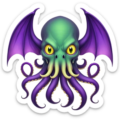 deep green Cthulhu with purple bat wings and purple gradient tentacles. Yellow angry eyes. yellow suckers on tentacles. dramatic ominous shading. two saber-teeth sticker