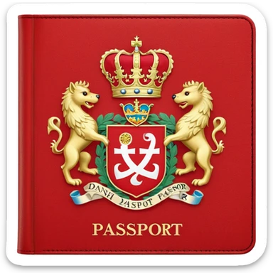 Danish passport, red cover with coat of arms sticker