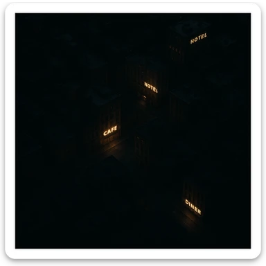 Realistic top-down view of a night city, all in shadow, only establishments glowing, dark and moody, photorealistic style sticker