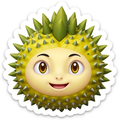 round durian character, green spiky shell, yellow flesh, sparkly eyes, blushing, shy expression sticker