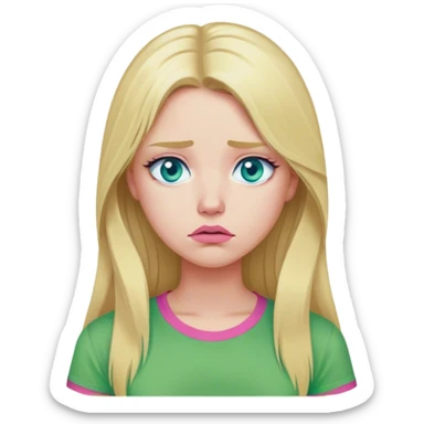 Cinematic realistic blonde with long hair, blue eyes and pink lips, wearing a green T-shirt, sad sticker
