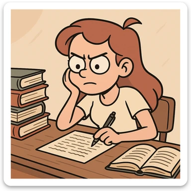 A girl preparing for exams, sitting at a desk with books and notes, looking focused and determined, in a cartoon style. sticker