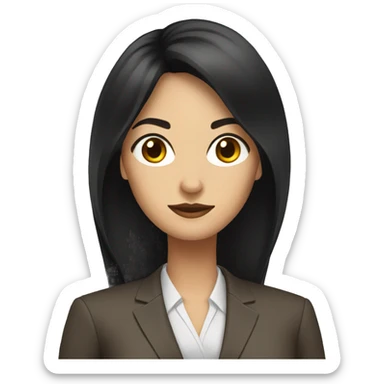 Female defense attorney with long black hair with brown suit sticker