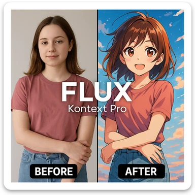 create before after image of a girl before is realsitic photo, after is anime version of her in same pose and clothes, add logo with text of a "FLUX Kontext Pro" sticker