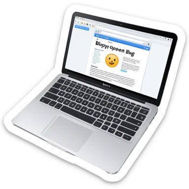 Create an emoji representing blogging as a form of content creation. The design should feature a laptop or desktop computer with an open blog page on the screen, showing visible text, photo or graphic. Do not include any emojis or smiley faces. Make the background transparent. sticker