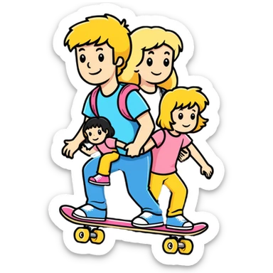 blonde mullet man carrying 2 daughters while on a skateboard sticker