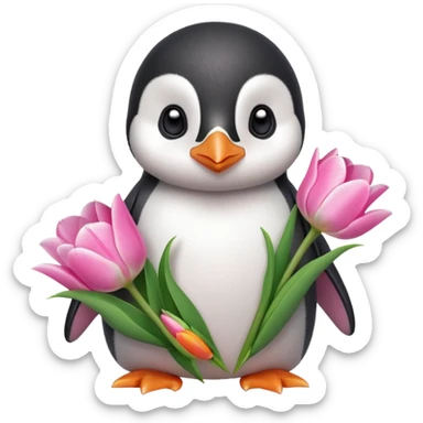 Cute baby penguin holding flower bouquet wraped in white paper and all flowers tulips in pink colour sticker