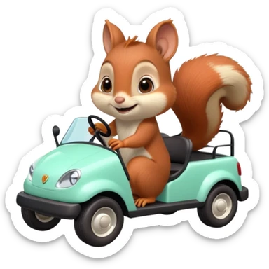 High-quality 3D Pixar-style mint green golf cart speeding in bright courtyard, driven by a super-cute smiling baby squirrel, glossy fur, big eyes, vibrant colors, smooth shading, butterflies, potted plants, bright daylight. sticker