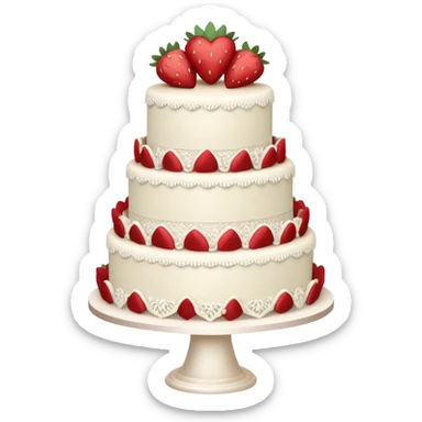 white wedding cake with strawberries, lace piping, heart-shaped topper sticker