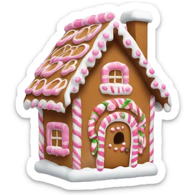 a gingerbread house with pink and White frosing around the edges sticker