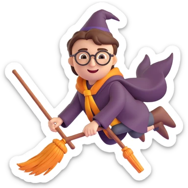 Harry Potter emoji flying on a broomstick, glasses, happy sticker