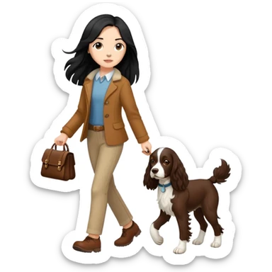 A girl with long black hair walks a brown springer spaniel sticker