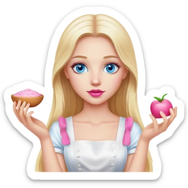 Cinematic realistic beautiful blonde with long hair, blue eyes and pink lips in a white dress cooks sticker