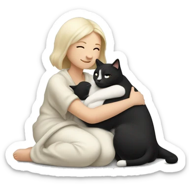 White lady snuggling with a black and white  cat with a blanket sticker