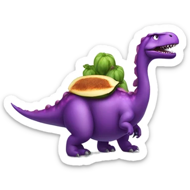 Dinosaur riding an eggplant with a bow sticker