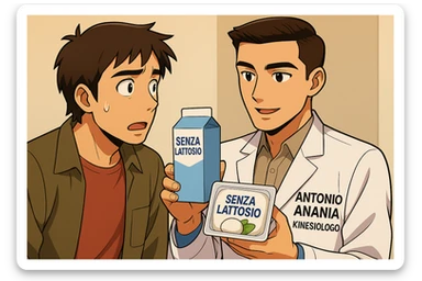 fai un webtoon manga a colori con questo stile, in cui un uomo ASCOLTA Il kinesiologo con il camice bianco (fagli anche la scritta "ANTONIO ANANIA" SUL CAMICE, IL KINESIOLOGO SPIEGA ALL'UOMO UNA MOSTRANDO VARI PRODOTTI DA SUPERMERCATO CONFEZIONATI (TIPO SCATOLA DI LATTE SENZA LATTOSIO, MOZZARELLA SENZA LATTOSIO), OGNI CONFEZIONE HA LA SCRITTA "SENZA LATTOSIO SULL'ETICHETTA. L'UOMO OSSERVA IL KINESIOLOGO CON ESPRESSIONE CONFUSA IN VOLTO. non fare i fumetti però, fai solo in modo che sembri stiano parlando sticker
