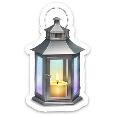 Realistic isolated metallic silver holographic lantern with glass windows and metallic silver lir candle inside. sticker