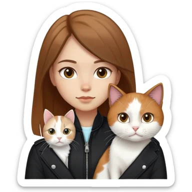 Light-skinned girl with brown straight hair wearing a black jacket, along with one pure white cat and one calico cat sticker
